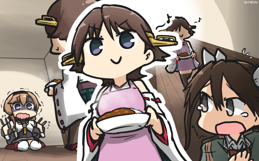 ahoge bare_shoulders boots braid brown_hair chou-10cm-hou-chan_(teruzuki's) commentary_request constricted_pupils corset curry curry_rice dated detached_sleeves elbow_gloves flipped_hair food gloves green_skirt grey_eyes hair_between_eyes hair_flaps hair_ribbon hairband hamu_koutarou headband headgear hiei_(kantai_collection) highres japanese_clothes kantai_collection light_brown_hair long_hair miniskirt multiple_girls musical_note nontraditional_miko open_mouth plaid ribbon ribbon-trimmed_sleeves ribbon_trim rice scared school_uniform shaded_face short_hair single_elbow_glove sitting skirt smile smug spoken_musical_note teruzuki_(kantai_collection) thigh_boots thighhighs tone_(kantai_collection) trembling twin_braids twintails white_ribbon wooden_floor