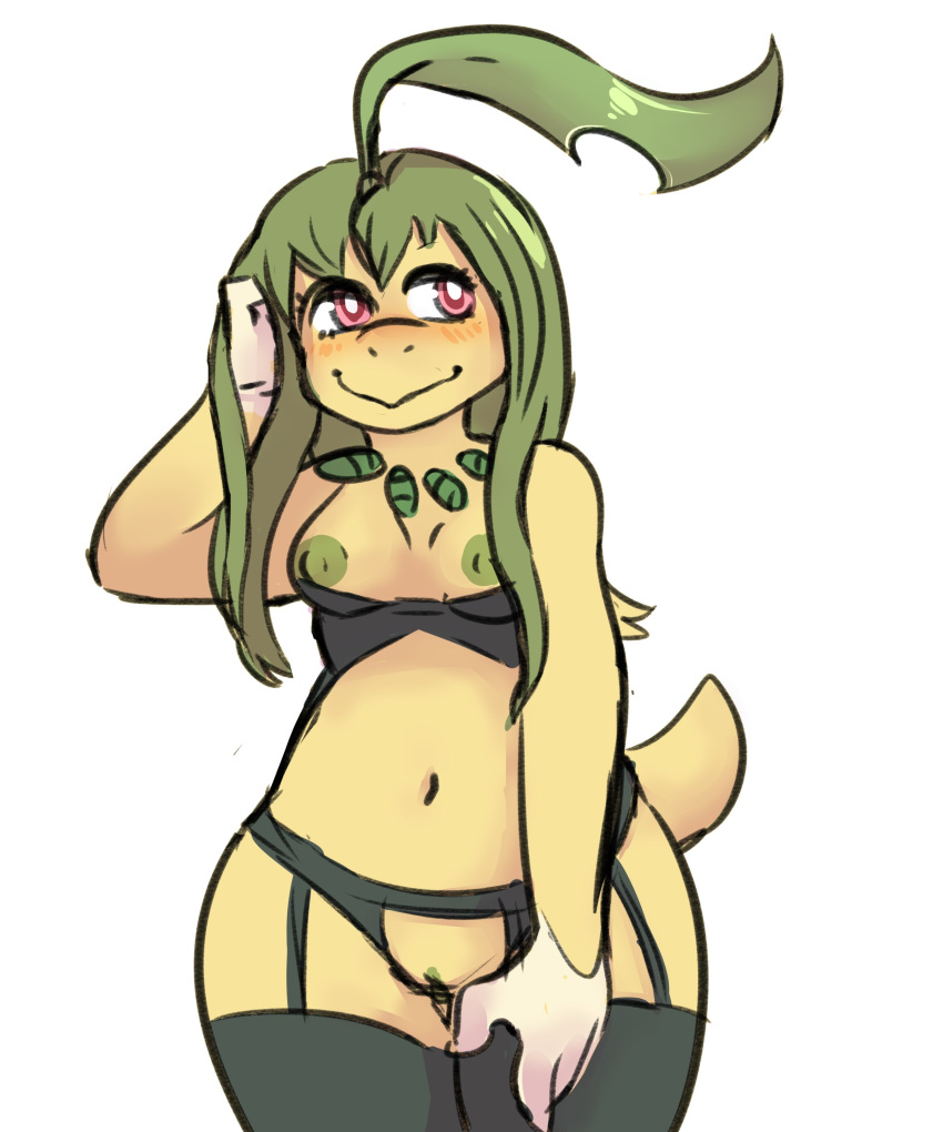 anthro anthrofied bayleef blush breasts clothing female flora_fauna front_view garter_belt garter_straps green_hair green_nipples green_pussy hair hand_on_head hi_res leaf legwear lingerie long_hair looking_away mostly_nude navel nintendo nipples non-mammal_breasts pink_eyes plant pok&eacute;mon pok&eacute;mon_(species) pok&eacute;morph portrait pussy rainbowsprinklesart scalie smile solo standing stockings thigh_highs three-quarter_portrait video_games yellow_skin