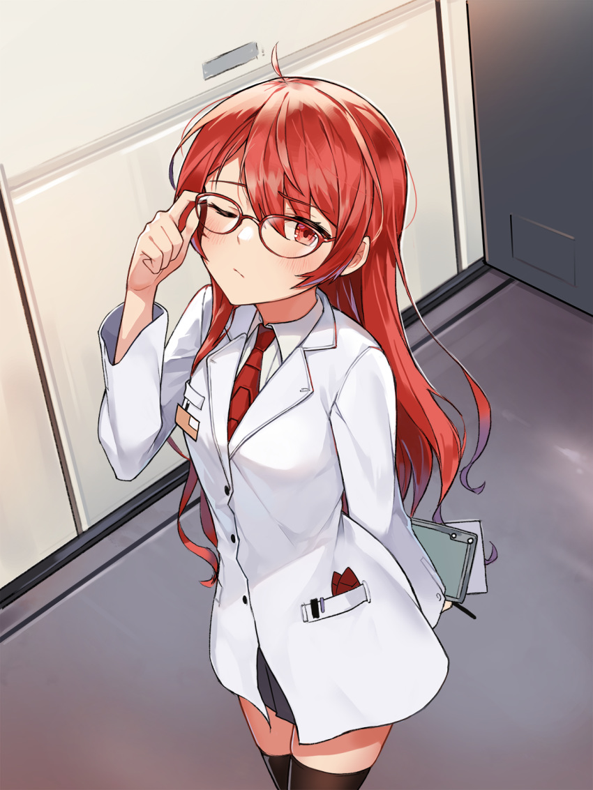 adjusting_eyewear ahoge aliceblue bangs black_legwear blush breasts collared_shirt commentary_request glasses grey_skirt hair_between_eyes highres holding honkai_impact indoors labcoat long_hair long_sleeves looking_at_viewer md5_mismatch necktie nikola_tesla_(honkai_impact) one_eye_closed pocket red-framed_eyewear red_eyes red_hair red_neckwear shirt sidelocks skindentation skirt small_breasts solo thighhighs white_coat white_shirt