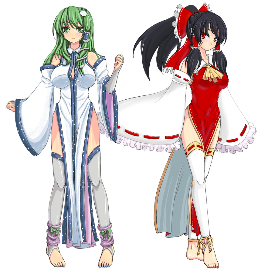 adapted_costume alternate_costume anklet barefoot black_hair blue_nails bow china_dress chinese_clothes detached_sleeves dress enoko_(zqfebi) feet frog green_eyes green_hair hair_bow hair_ornament hakurei_reimu highres jewelry kochiya_sanae legs long_hair multiple_girls nail_polish ponytail red_eyes red_nails short_hair snake toeless_legwear touhou tsurime