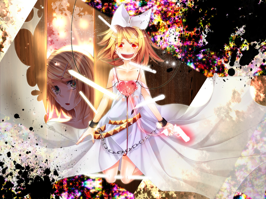 blonde_hair chain crazy_eyes cuffs dress earphones gun hair_ornament hair_ribbon hairclip handcuffs heart kagamine_rin red_eyes ribbon short_hair smile solo tateshina_ryouko tears vocaloid weapon white_dress yandere