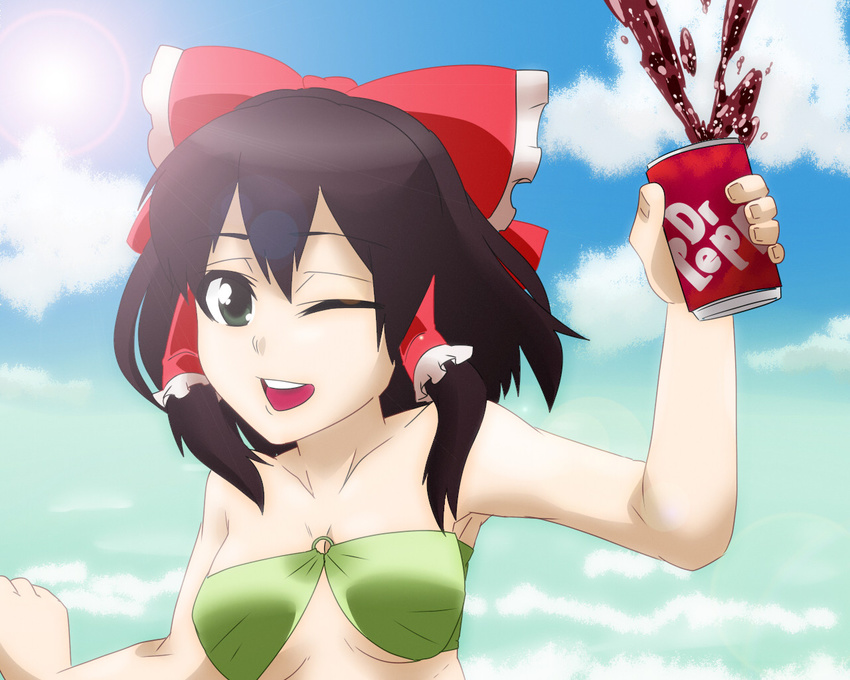 bandeau bikini_top breasts can cloud day dr_pepper drink hakurei_reimu jeno lens_flare medium_breasts o-ring o-ring_top one_eye_closed product_placement ribbon sky soda_can solo swimsuit touhou underboob