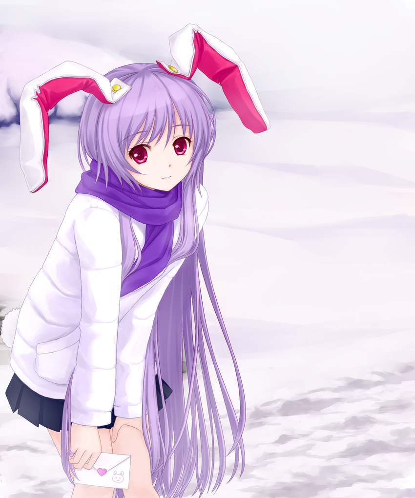 alternate_costume animal_ears bunny_ears bunny_tail coat contemporary highres lavender_hair leaning_forward letter long_hair looking_at_viewer love_letter pink_eyes pleated_skirt reisen_udongein_inaba scarf skirt smile snow solo tail touhou tucana very_long_hair
