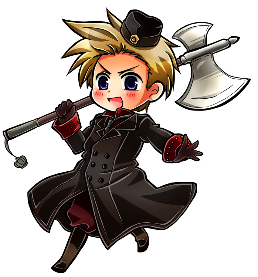 axe axis_powers_hetalia bad_id bad_pixiv_id blonde_hair chibi coat denmark_(hetalia) hajime_kaniku hat male_focus purple_eyes solo weapon