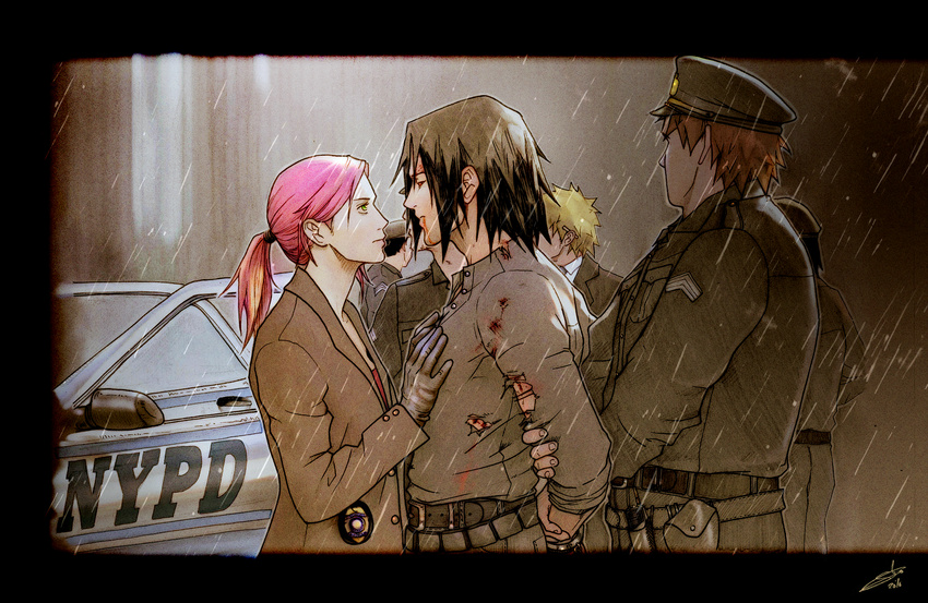 6+boys alternate_costume black_hair blood car cigarette contemporary detective formal gloves green_eyes ground_vehicle haruno_sakura highres injury juugo_(naruto) motor_vehicle multiple_boys nami86 naruto_(series) naruto_shippuuden new_york_city_police_department pink_hair police police_uniform policewoman rain torn_clothes uchiha_sasuke uniform uzumaki_naruto