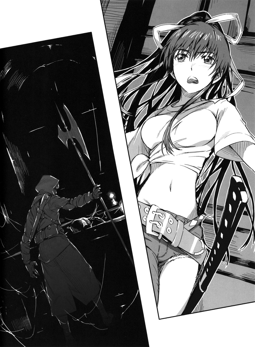 asymmetrical_clothes belt breasts character_request denim greyscale haimura_kiyotaka hair_ribbon halberd highres jeans kanzaki_kaori katana large_breasts long_hair loose_belt midriff monochrome pants polearm ponytail ribbon shadow shirt single_pantsleg solo sword taut_clothes taut_shirt tied_shirt to_aru_majutsu_no_index very_long_hair weapon