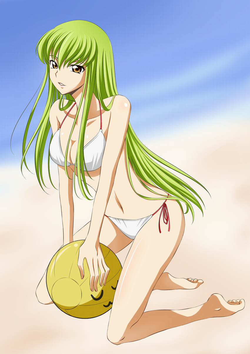 bad_id bad_pixiv_id ball barefoot beach beachball bikini c.c. ccllsaikou code_geass green_hair highres kneeling legs long_hair solo swimsuit yellow_eyes