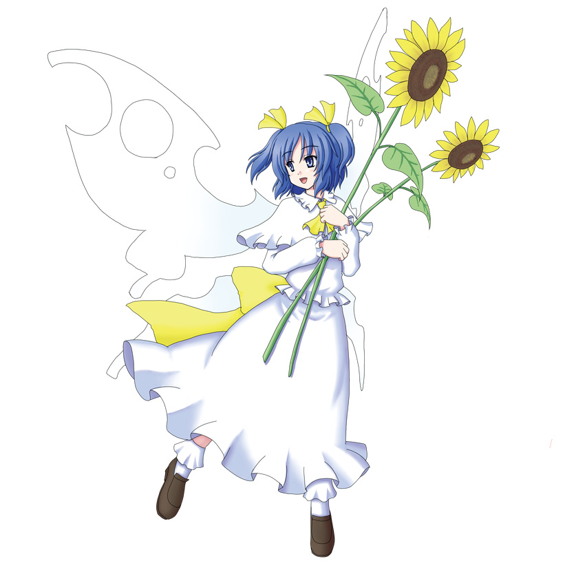 absurdres blue_eyes blue_hair fairy flower full_body highres isaki_(gomi) solo sunflower sunflower_fairy touhou transparent_background wings