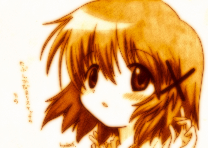 bad_id bad_pixiv_id blush godees hair_ornament hairclip hidamari_sketch highres monochrome open_mouth short_hair sketch solo traditional_media x_hair_ornament yuno