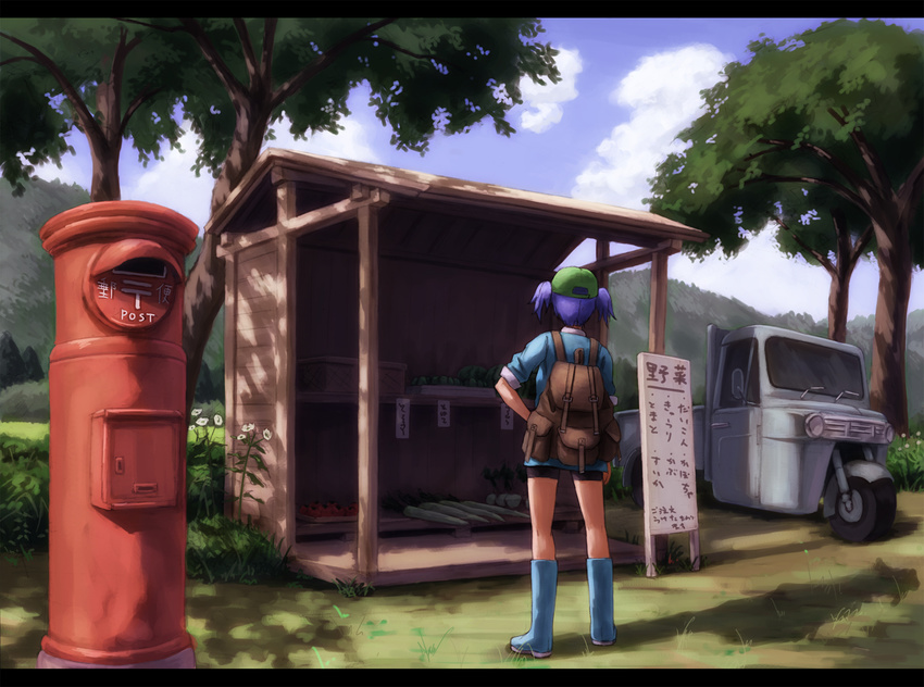 backpack bad_id bad_pixiv_id bag blue_hair food hat highres japanese_cylindrical_postbox japanese_postal_mark kawashiro_nitori kurione_(zassou) postbox_(outgoing_mail) short_hair sleeves_rolled_up solo touhou twintails vegetable