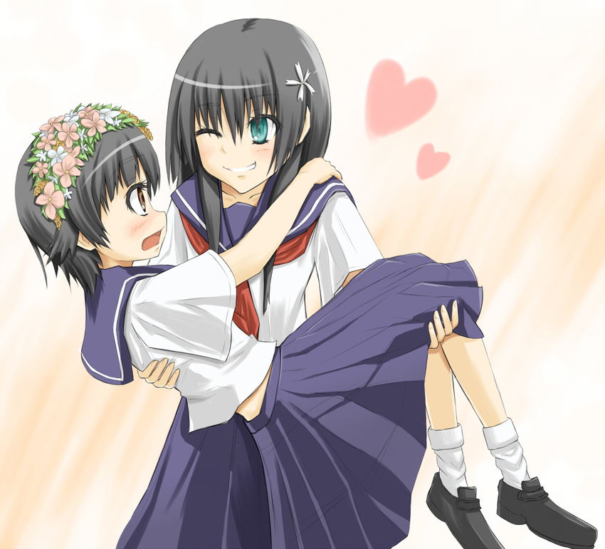 bad_id bad_pixiv_id black_hair brown_eyes carrying flower green_eyes grin hair_flower hair_ornament head_wreath heart long_hair multiple_girls one_eye_closed princess_carry sakugawa_school_uniform saten_ruiko school_uniform serafuku short_hair skirt smile suzushiro_yukari to_aru_kagaku_no_railgun to_aru_majutsu_no_index uiharu_kazari yuri