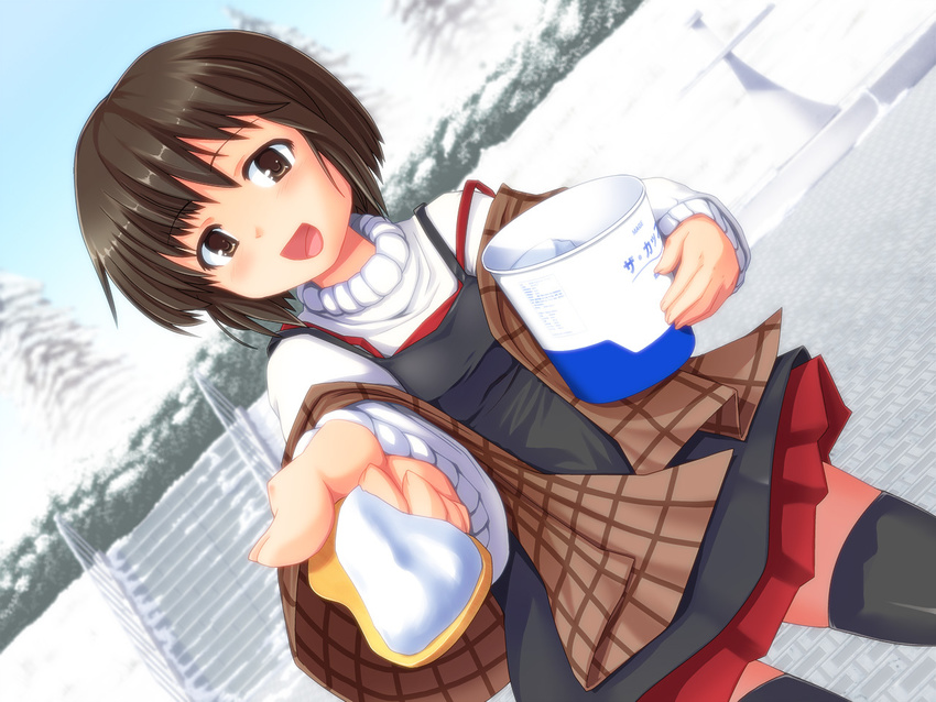 bad_id bad_pixiv_id bob_cut brown_eyes brown_hair dutch_angle food foreshortening ice_cream iyamato kanon misaka_shiori shawl short_hair snow solo thighhighs