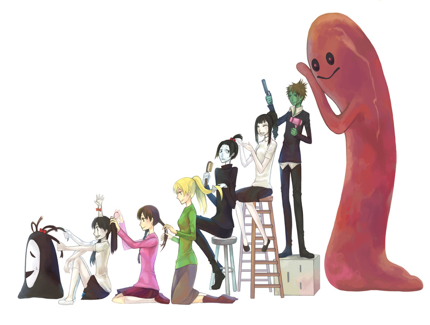 4girls black_hair blonde_hair bow brown_hair brush green_shirt hair_brush hair_brushing highres irohakaname kyukkyu-kun madotsuki monoe monoko multiple_boys multiple_girls pink_shirt poniko sekomumasada_sensei shirt shitaisan uboa yume_nikki