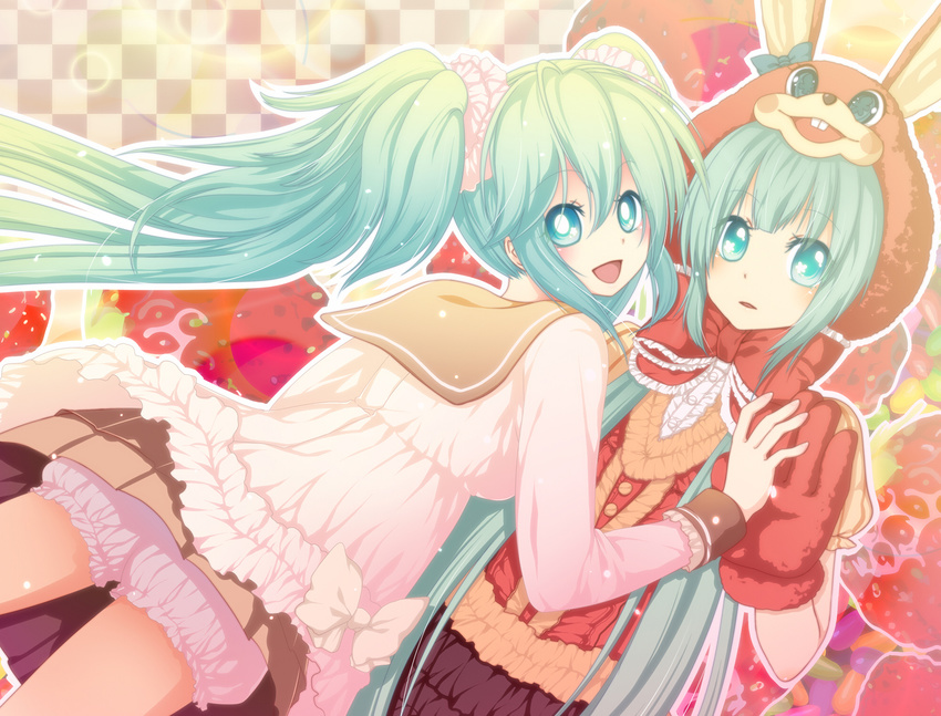 animal_ears aqua_eyes aqua_hair bloomers bow bowtie bunny_ears dual_persona food frills fruit gloves hatsune_miku holding_hands long_hair looking_back lots_of_laugh_(vocaloid) multiple_girls sasakinaoto scrunchie skirt smile strawberry twintails underwear very_long_hair vocaloid