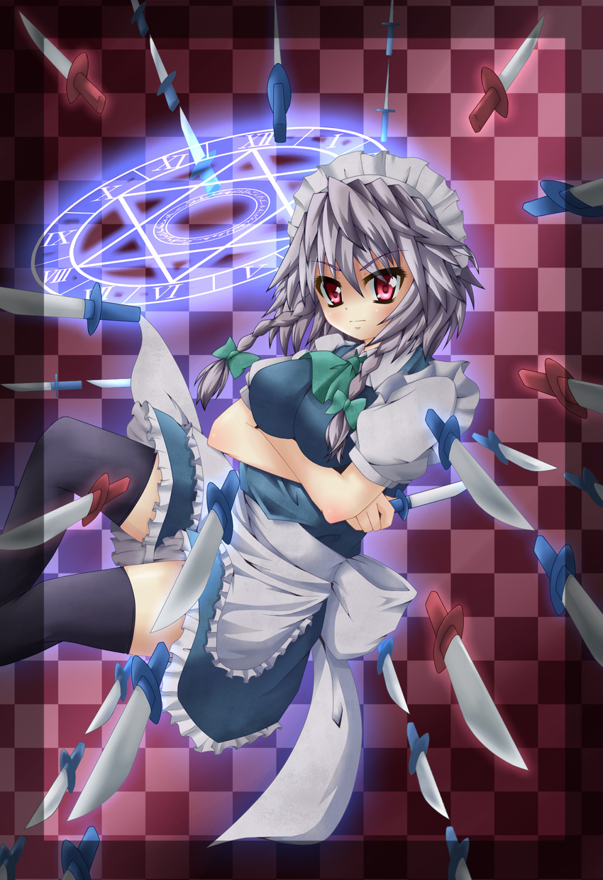 bad_id bad_pixiv_id braid danmaku highres izayoi_sakuya knife maid maid_headdress red_eyes satoutakahumi short_hair silver_hair solo thighhighs touhou twin_braids