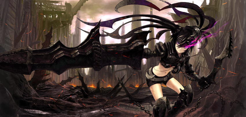 armor belt black_hair black_rock_shooter boots burning_eye chain denki fire gauntlets greaves highres huge_weapon insane_black_rock_shooter long_hair loose_belt midriff navel post-apocalypse purple_eyes ruins scar scenery shorts solo stitches sword twintails weapon