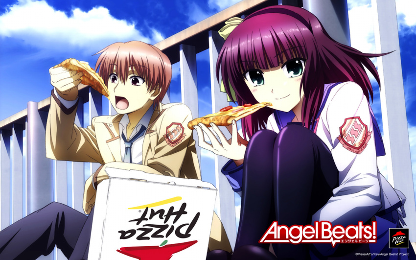 1girl angel_beats! bow cloud day food green_eyes hair_bow hairband highres holding_pizza necktie non-web_source official_art open_mouth orange_hair otonashi_(angel_beats!) pantyhose pizza pizza_hut product_placement purple_eyes purple_hair school_uniform serafuku sky smile wallpaper yuri_(angel_beats!)