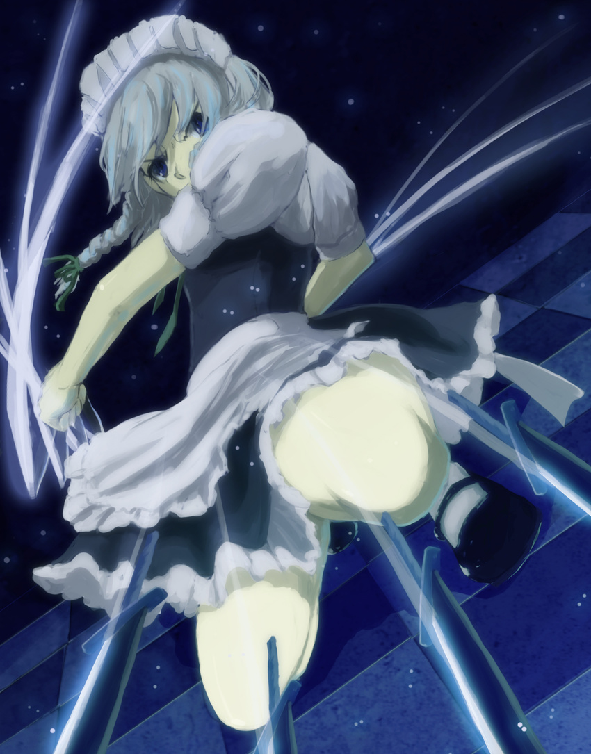 bad_id bad_pixiv_id blue_eyes braid close-up dutch_angle highres izayoi_sakuya knees knife konatsu maid maid_headdress short_hair silver_hair solo touhou twin_braids