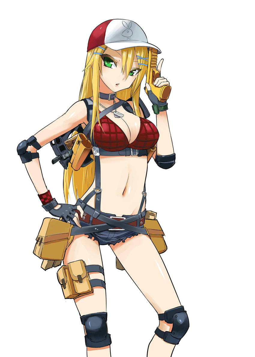 absurdres blonde_hair breasts bullpup cleavage collar cutoffs dog_tags elbow_pads fingerless_gloves gloves green_eyes gun handgun hands highres hk33 holster jewelry knee_pads long_hair medium_breasts midriff navel necklace p90 pistol playboy pouch shiny shiny_skin short_shorts shorts shoulder_holster solo submachine_gun suspenders torn_clothes trigger_discipline weapon