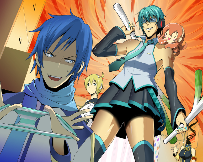 3boys blue_scarf celty_sturluson cosplay crossdressing detached_sleeves dullahan durarara!! hatsune_miku hatsune_miku_(cosplay) headless heiwajima_shizuo kagamine_len kagamine_len_(cosplay) kaito kaito_(cosplay) maldives megurine_luka megurine_luka_(cosplay) multiple_boys necktie orihara_izaya panties parody ryuugamine_mikado scarf skirt spring_onion striped striped_panties takoluka thighhighs underwear vocaloid