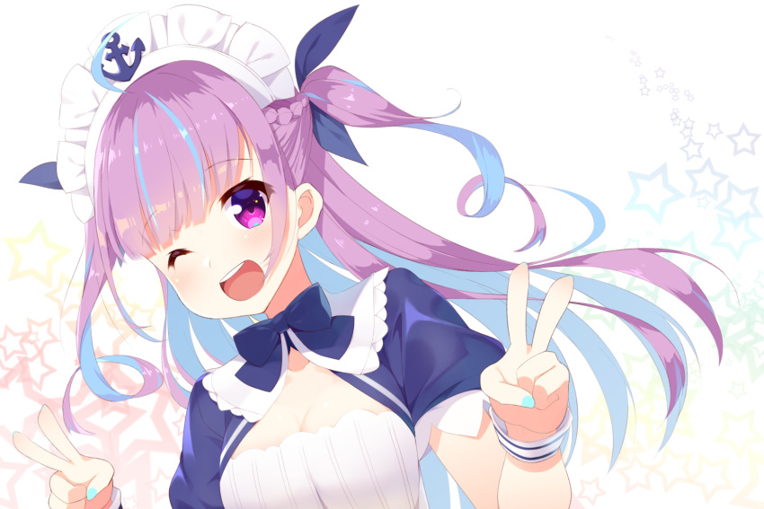 1girl ahoge anchor_symbol bangs blue_hair bow bowtie braid breasts cleavage cleavage_cutout commentary eyebrows_visible_through_hair frills hair_ribbon highres hololive hoppege long_hair looking_at_viewer maid maid_headdress minato_aqua multicolored_hair one_eye_closed open_mouth purple_eyes purple_hair ribbon short_sleeves sidelocks smile solo star starry_background streaked_hair teeth two-tone_hair two_side_up v_v virtual_youtuber wrist_cuffs