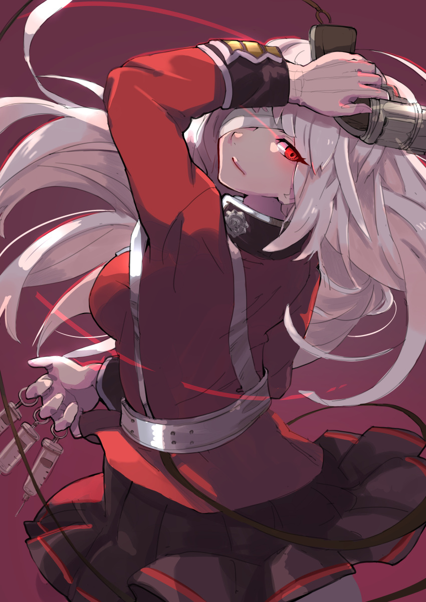 absurdres bandage_over_one_eye commentary_request fate/grand_order fate_(series) florence_nightingale_(fate/grand_order) gloves gun handgun haowei_wu highres holding holding_gun holding_weapon long_hair pink_hair pistol red_eyes solo syringe weapon white_gloves