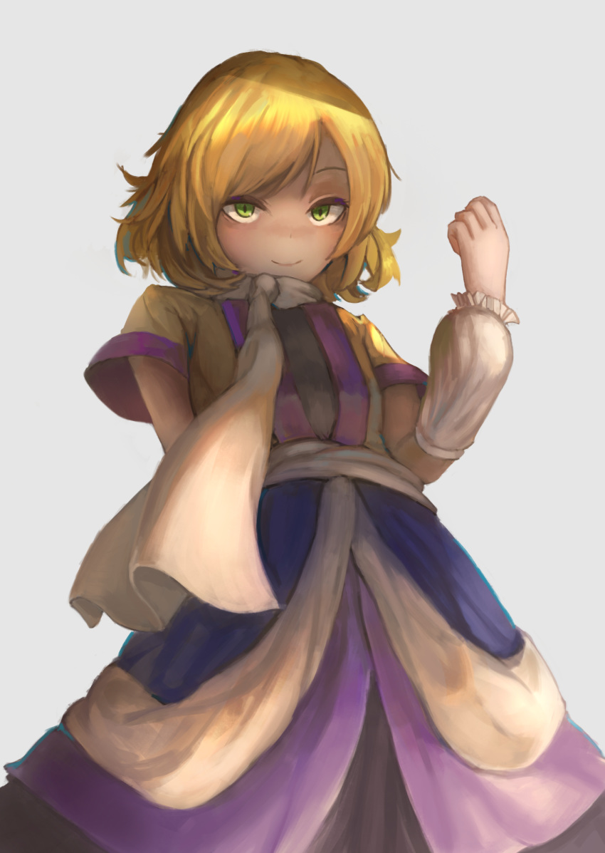 arm_at_side arm_up arm_warmers blonde_hair cowboy_shot curled_fingers dress fjsmu from_below green_eyes grey_background highres kubrick_stare layered_dress looking_at_viewer mizuhashi_parsee sash scarf short_hair short_sleeves simple_background smile solo standing touhou white_scarf