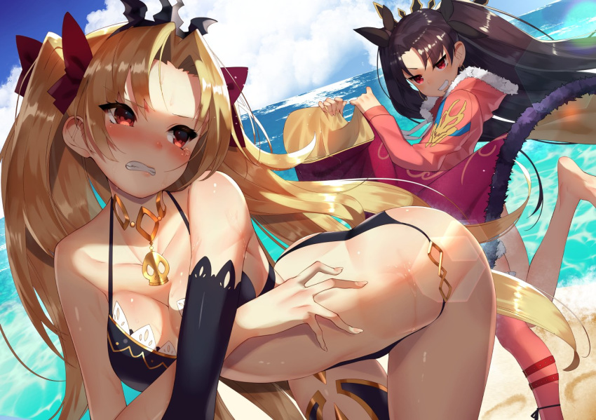 alternate_costume ankle_strap ass bangs beach bent_over bikini black_hair blonde_hair blue_sky blush breasts cape_removed cleavage clenched_teeth cloud commentary_request day earrings elbow_gloves ereshkigal_(fate/grand_order) eyebrows_visible_through_hair fate/grand_order fate_(series) fur_trim gloves grin hair_ribbon hood hoop_earrings ishtar_(fate/grand_order) ishtar_(swimsuit_rider)_(fate) jacket jewelry long_hair looking_at_another multiple_girls necklace ocean outdoors parted_bangs red_eyes ribbon sidelocks single_elbow_glove single_thighhigh sky smile sukocchi swimsuit teeth thighhighs tiara two_side_up undressing_another