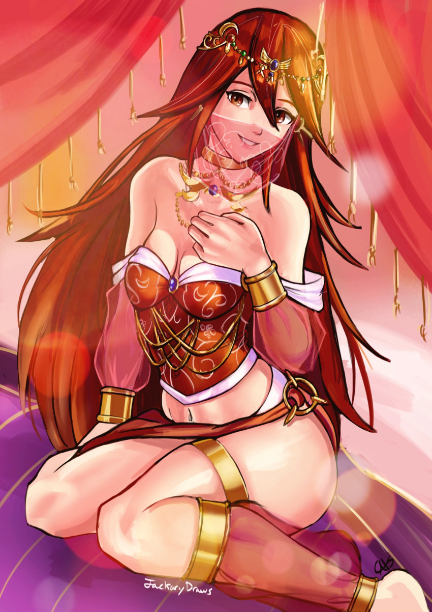 alternate_costume arabian_clothes artist_name breasts catslikestodraw choker cleavage commentary covered_mouth fire_emblem fire_emblem:_kakusei fire_emblem_heroes hair_ornament highres long_hair navel parted_lips red_eyes red_hair see-through sitting small_breasts solo tiamo veil