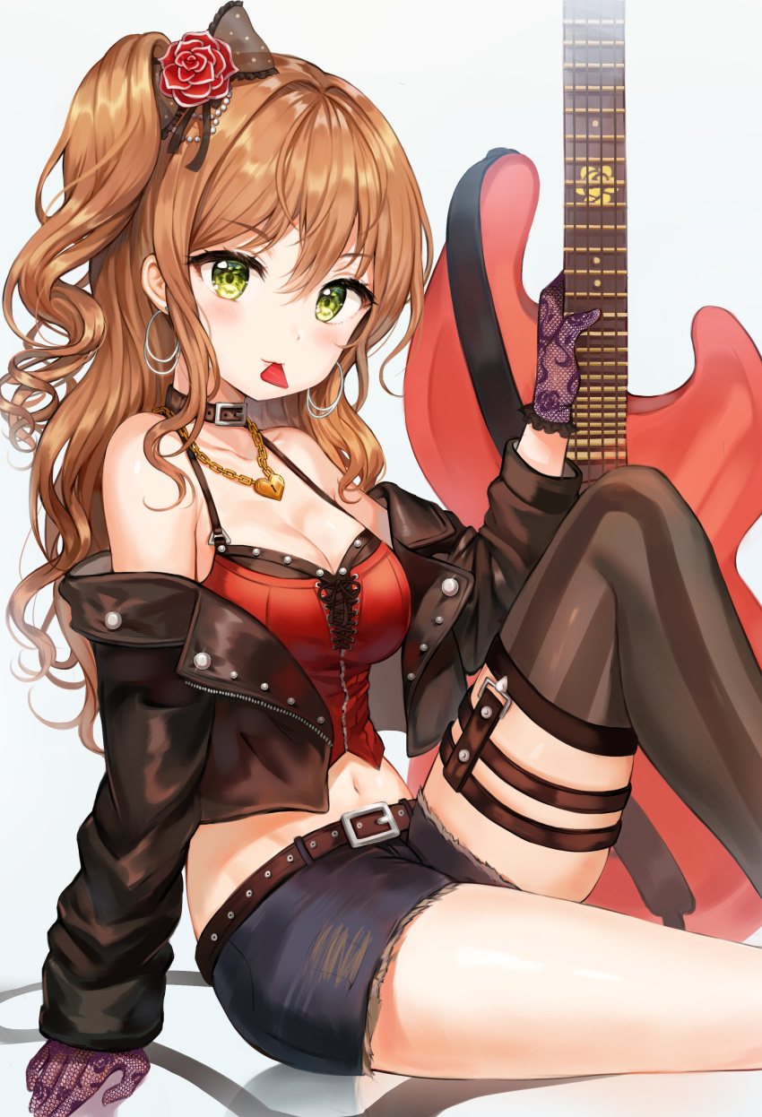 absurdres arm_support bang_dream! bangs bare_shoulders belt blush bomber_jacket breasts brown_hair brown_jacket brown_legwear buckle cleavage collarbone commentary denim denim_shorts earrings electric_guitar fishnet_gloves fishnets flower gloves green_eyes guitar hair_flower hair_ornament hair_ribbon heart heart_necklace highres holding holding_instrument hoop_earrings imai_lisa instrument jacket jewelry knee_up leather_choker long_hair medium_breasts midriff mouth_hold navel off_shoulder one_side_up open_clothes open_jacket plectrum purple_gloves ribbon short_shorts shorts sidelocks simple_background single_thighhigh sitting solo striped striped_legwear thigh_strap thighhighs thighs tokkyu_(user_mwwe3558) unzipped wavy_hair white_background