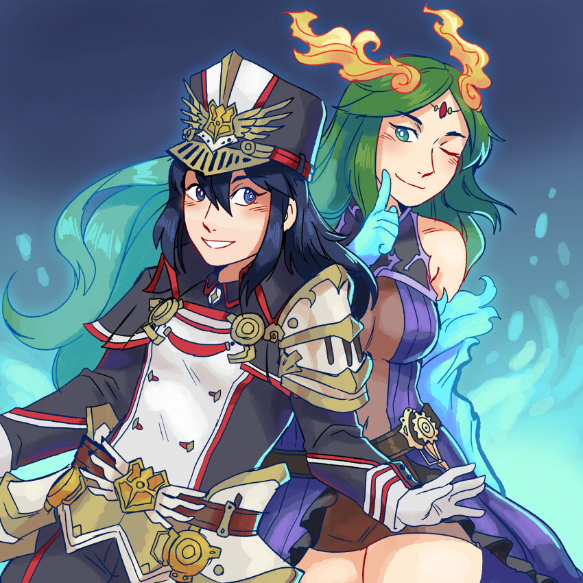 absurdres blue_eyes blue_hair blush cosplay fire_emblem fire_emblem:_kakusei frogbians gloves goddess hat highres kagutsuchi_(xenoblade) kagutsuchi_(xenoblade)_(cosplay) kid_icarus kid_icarus_uprising long_hair looking_at_viewer lucina meleph_(xenoblade) meleph_(xenoblade)_(cosplay) military military_hat military_uniform multiple_girls palutena pauldrons reverse_trap simple_background smile spirit_(super_smash_bros.) spoilers super_smash_bros. super_smash_bros._ultimate tiara uniform xenoblade_(series) xenoblade_2