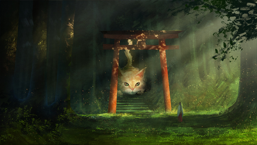 animal cat grass japanese_clothes miko original scenic stairs torii tree volvox819