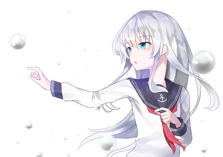 1girl anchor_print black_sailor_collar blue_eyes bubble eyebrows_visible_through_hair floating_hair hair_between_eyes hibiki_(kantai_collection) highres kantai_collection long_hair long_sleeves neckerchief open_mouth outstretched_arm red_neckwear sailor_collar shirt silver_hair simple_background solo upper_body very_long_hair white_background white_shirt