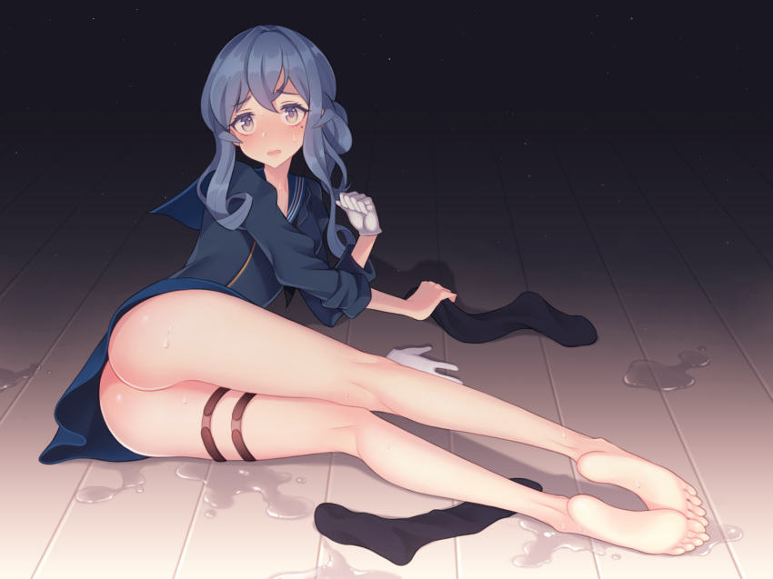 ass bare_legs barefoot black_legwear blue_eyes blue_hair blue_sailor_collar blue_skirt blush commentary_request eyebrows_visible_through_hair feet gloves gotland_(kantai_collection) hair_bun highres kantai_collection legwear_removed long_hair long_sleeves looking_at_viewer lying military military_uniform mole mole_under_eye nishikasai_munieru open_mouth sailor_collar skirt socks soles solo thigh_strap uniform wet white_gloves