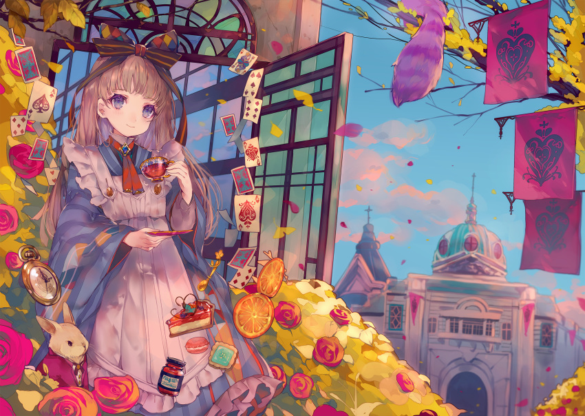 ace_of_spades alice_in_wonderland animal apron argyle bangs banner biscuit black_bow blue_eyes blue_kimono blue_sky blush bow brooch brown_hair building bunny cake card cha_goma church closed_mouth cloud commentary_request cross cup day door falling_leaves flower food frilled_apron frills fruit glass_door hair_bow highres holding holding_cup holding_saucer japanese_clothes jar jewelry kimono leaf long_hair long_sleeves looking_at_viewer macaron orange orange_slice original outdoors playing_card pocket_watch red_neckwear rose saucer sky slice_of_cake smile solo stained_glass standing striped tea teacup tree_branch watch white_apron wide_sleeves