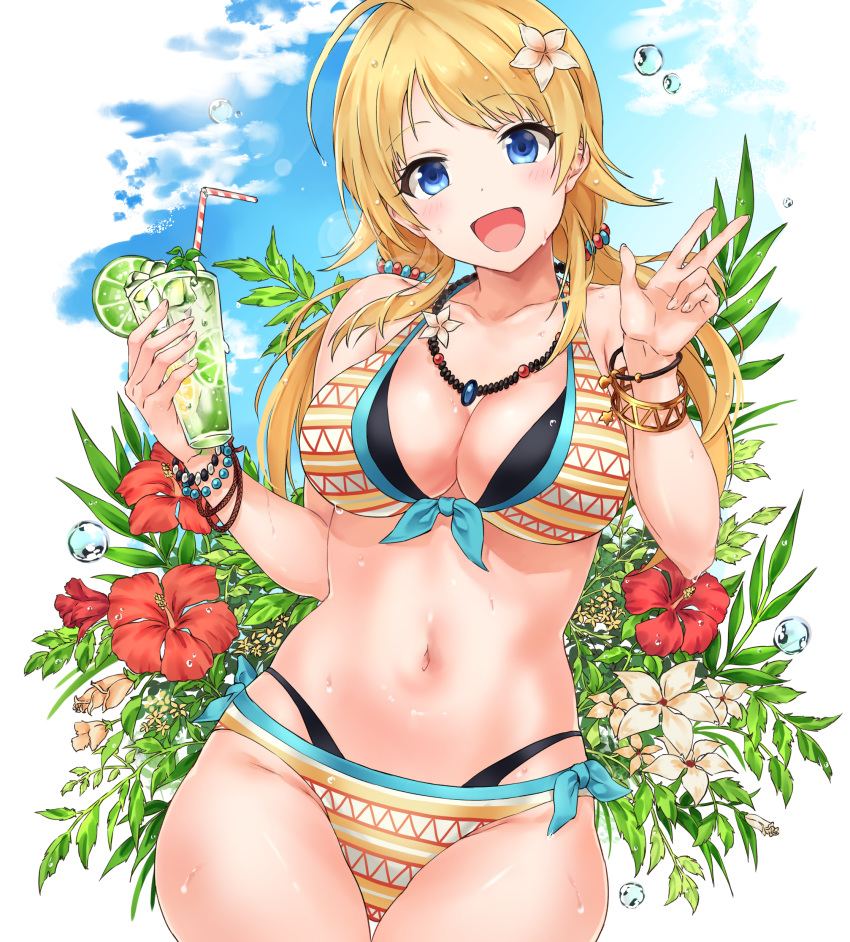 absurdres ahoge bangs bare_shoulders bead_bracelet beads bikini blonde_hair blue_eyes blue_sky blush bracelet breasts cleavage collarbone commentary cup drinking_glass drinking_straw flower food fruit hachimiya_meguru hair_flower hair_ornament hand_gesture highres hips idolmaster idolmaster_shiny_colors jewelry large_breasts layered_bikini lime_(fruit) long_hair looking_at_viewer low_twintails navel necklace open_mouth sirurabbit sky smile solo swept_bangs swimsuit thighs twintails w water_drop yellow_bikini