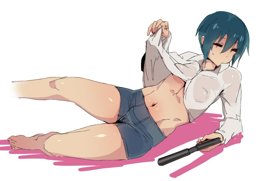 1girl black_eyes boxers breasts dress_shirt ettone green_hair gun handgun kino kino_no_tabi looking_at_viewer lying no_bra perky_breasts pistol sagging_breasts shirt short_hair small_breasts sweat tomboy underboob underwear undressing weapon