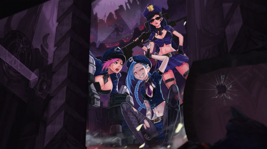 anger_vein angry artist_request behind_back belt bikini black_hair blue_hair breasts buckle caitlyn_(league_of_legends) cleavage grin gun hand_on_hip highres huge_weapon jacket jinx_(league_of_legends) large_breasts league_of_legends looking_at_viewer micro_bikini midriff multiple_girls navel necktie officer_caitlyn officer_vi open_clothes open_jacket pink_hair pleated_skirt police police_uniform rifle short_sleeves sitting skirt smile sniper_rifle standing swimsuit tattoo teeth unbuttoned uniform vi_(league_of_legends) weapon