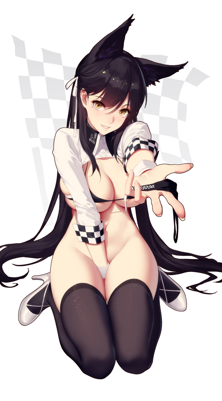 absurdres animal_ears atago_(azur_lane) azur_lane bangs between_legs bikini bikini_bottom_removed black_bikini black_hair black_legwear bottomless breasts brown_eyes checkered checkered_background chinese_commentary cleavage clothes_writing commentary_request crop_top daye_bie_qia_lian eyebrows_visible_through_hair fingernails full_body hair_ribbon hand_between_legs head_tilt high_heels highres holding holding_bikini_bottom large_breasts long_hair looking_at_viewer mole mole_under_eye parted_lips ribbon shoes sitting smile solo swimsuit thighhighs very_long_hair wariza white_background white_footwear white_ribbon wing_collar wrist_cuffs