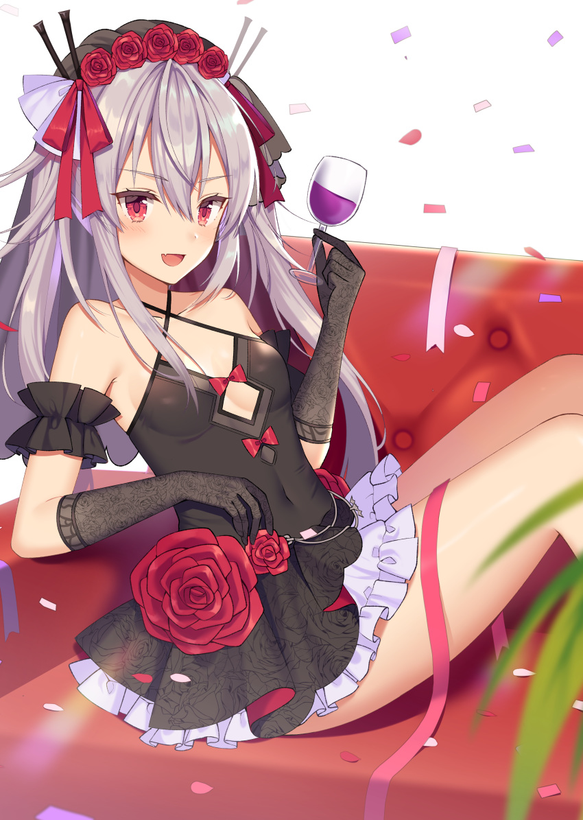 :d absurdres alcohol azur_lane bangs black_dress black_gloves blurry blurry_foreground blush bow breasts commentary_request couch criss-cross_halter cup depth_of_field dress drinking_glass elbow_gloves eyebrows_visible_through_hair fang flower gloves hair_between_eyes hair_ribbon halterneck head_flag highres holding holding_cup izumo_neru lace lace_gloves long_hair looking_at_viewer on_couch open_mouth petals red_bow red_eyes red_flower red_ribbon red_rose ribbon rose silver_hair sitting small_breasts smile solo vampire_(azur_lane) veil very_long_hair white_background wine wine_glass