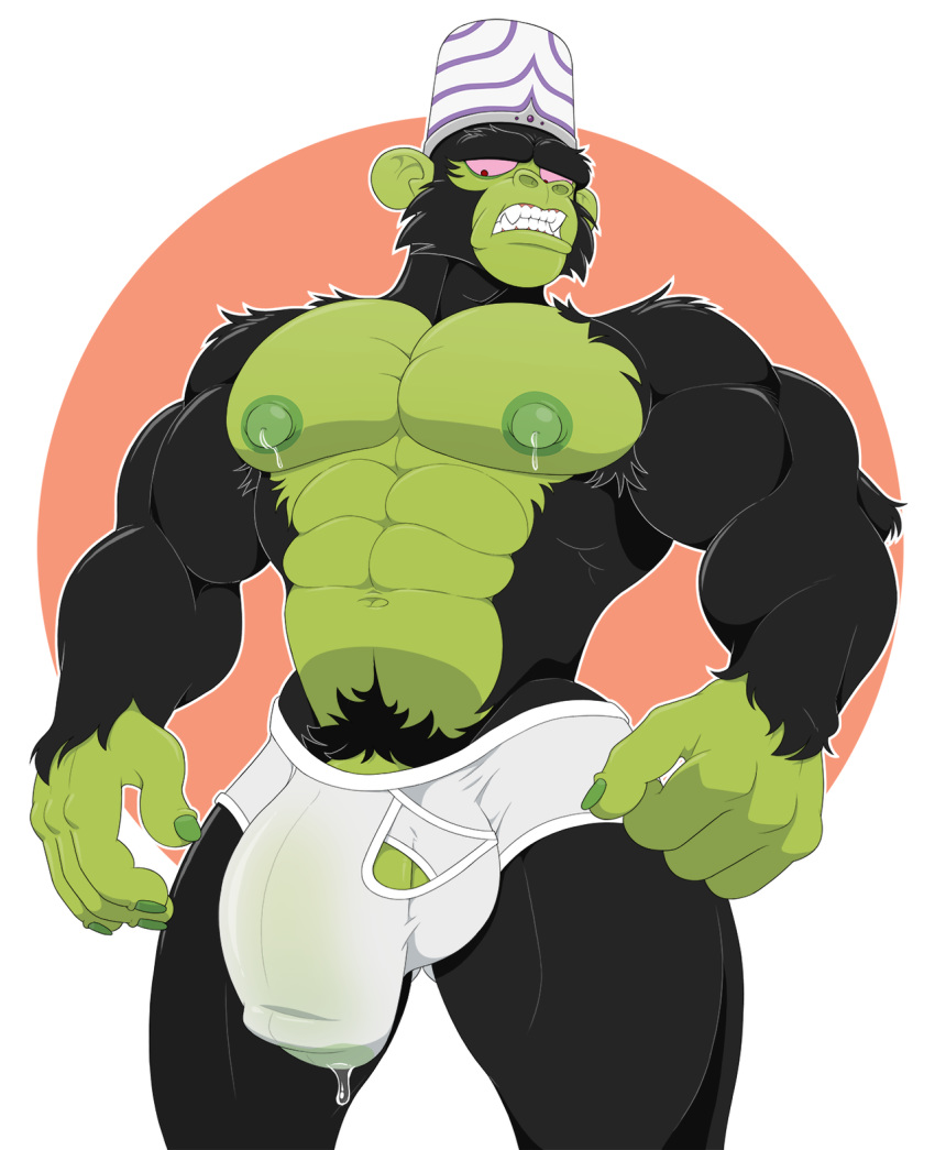 2018 4_fingers anthro anti_dev ape black_fur cartoon_network clothed clothing cum fur green_skin lactating male male_lactation mammal milk mojo_jojo monkey muscular muscular_male nipples pecs penis powerpuff_girls precum primate red_eyes simple_background standing teeth topless underwear