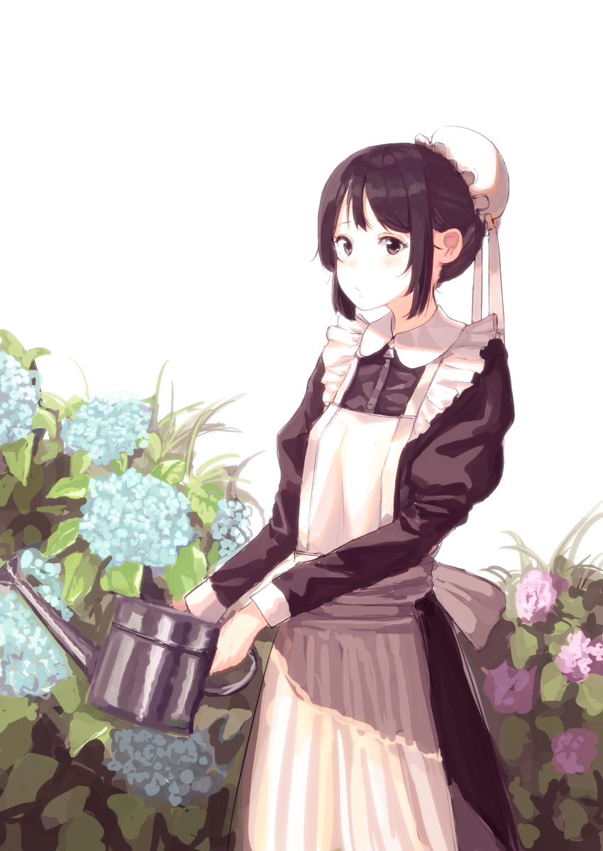 absurdres apron black_hair commentary_request flower hennekobakatesu highres holding hydrangea looking_at_viewer maid maid_apron maid_cap original solo watering_can
