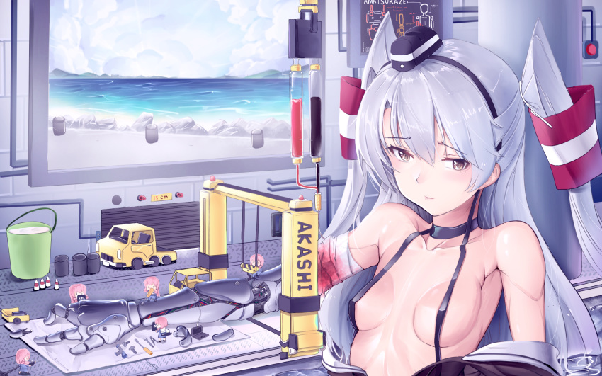 amatsukaze_(kantai_collection) bandages bare_shoulders blood bloody_bandages breasts brown_dress brown_eyes clothes_down commentary crane cybernetic_parts dress dress_pull english_commentary fairy_(kantai_collection) hair_tubes hat highres indoors kantai_collection long_hair mechanical_arm mini_hat minigirl multiple_girls ngs_(hkfg4334) pink_hair repair_bucket sailor_dress silver_hair size_difference small_breasts standing two_side_up windsock