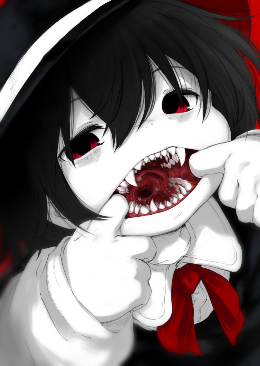 1girl bags_under_eyes black_hair child female hat monster_girl mouth_pull open_mouth original pale_skin rai-rai red_eyes sharp_teeth short_hair solo teeth white_skin