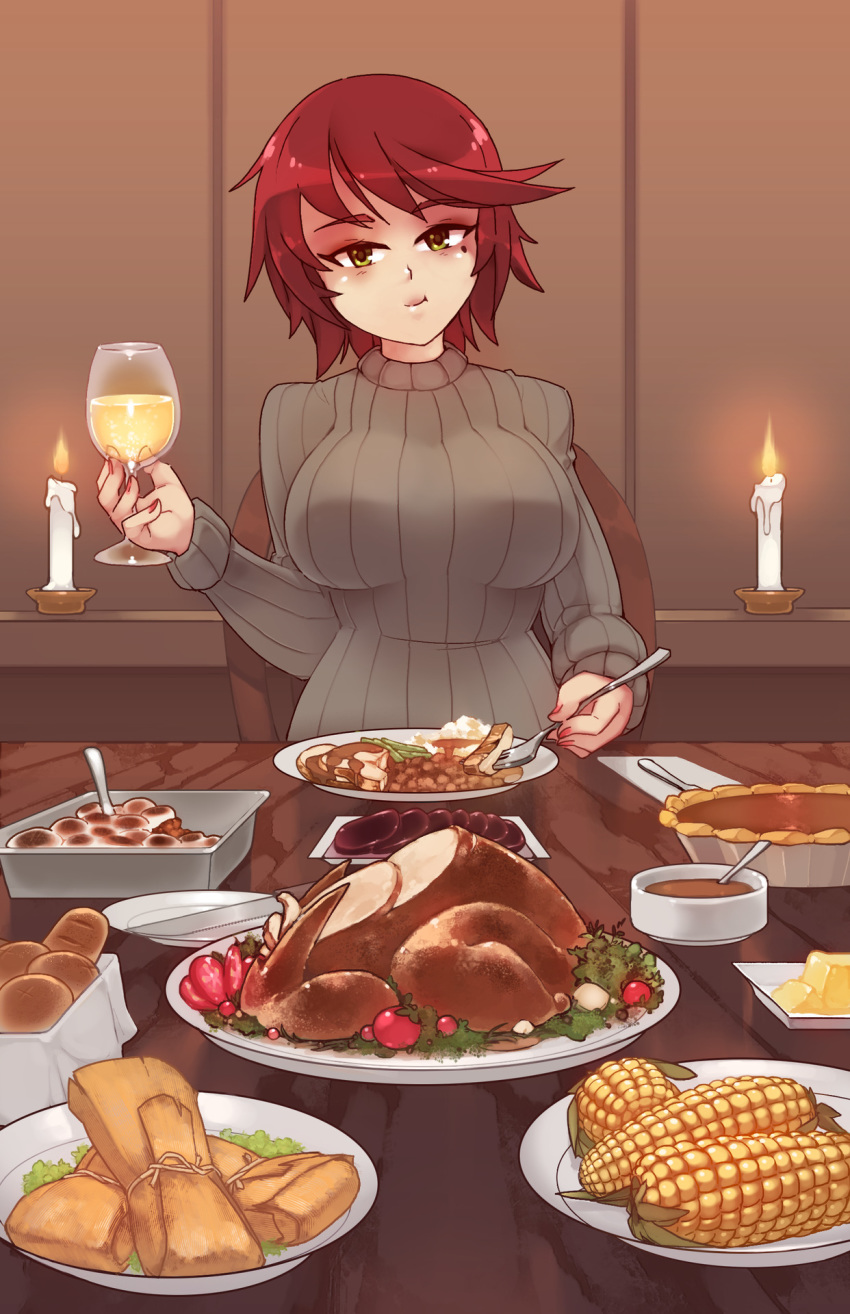 :t bread candle commentary commission corn cup drinking_glass eba_rin english_commentary eyebrows_visible_through_hair food food_request fork green_eyes grey_sweater head_tilt highres holding holding_cup holding_fork kimi_no_iru_machi knife long_sleeves looking_at_viewer mole mole_under_eye nail_polish plate red_hair red_nails ribbed_sweater rtil short_hair sitting smile solo sweater thanksgiving turtleneck turtleneck_sweater
