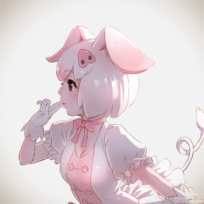 animal_ears artist_name breasts brown_hair cleavage commentary_request eyebrows_visible_through_hair fingers_to_mouth gloves gradient gradient_background hair_ornament hairclip highres kemono_friends lips looking_away neck_ribbon parted_lips pig_(kemono_friends) pig_ears pig_tail pink_ribbon profile puffy_short_sleeves puffy_sleeves ribbon short_hair short_sleeves simple_background solo tail takami_masahiro underwear watermark web_address white_background white_gloves white_hair