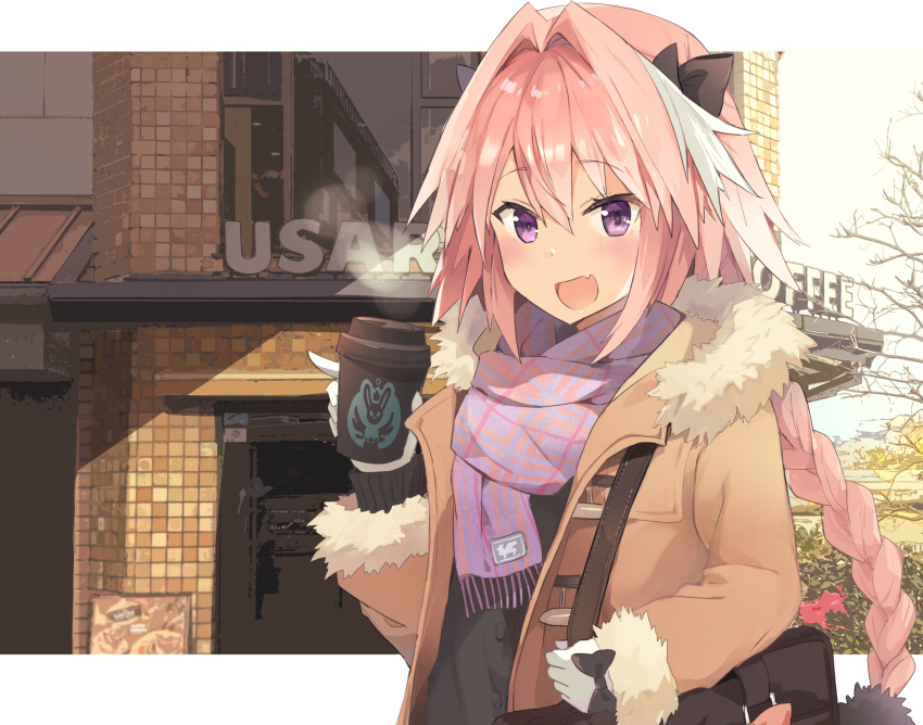 astolfo_(fate) bag black_bow black_ribbon black_shirt bow braid brand_name_imitation brown_coat coat coffee coffee_cup commentary cropped cup disposable_cup fang fate/apocrypha fate_(series) fur_coat gloves hair_intakes hair_ribbon highres kusumoto_touka long_braid long_hair long_sleeves looking_at_viewer male_focus multicolored_hair open_mouth otoko_no_ko pink_hair purple_eyes ribbon scarf shirt single_braid smile solo streaked_hair white_gloves