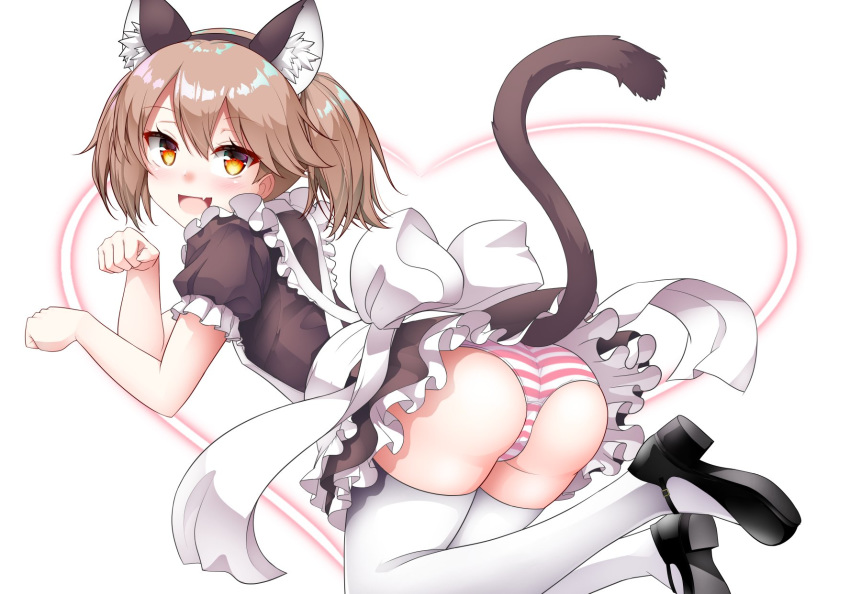 1girl animal_ears apron brown_hair cat_ears cat_tail commentary_request fake_animal_ears frills highres kantai_collection kirigakure_(kirigakure_tantei_jimusho) long_hair looking_at_viewer maid panties puffy_short_sleeves puffy_sleeves ryuujou_(kantai_collection) short_sleeves solo striped striped_panties tail thighhighs twintails underwear white_background white_legwear yellow_eyes