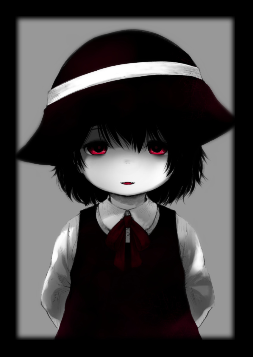 1girl black_hair child female hat original pale_skin parted_lips rai-rai red_eyes short_hair solo upper_body white_skin