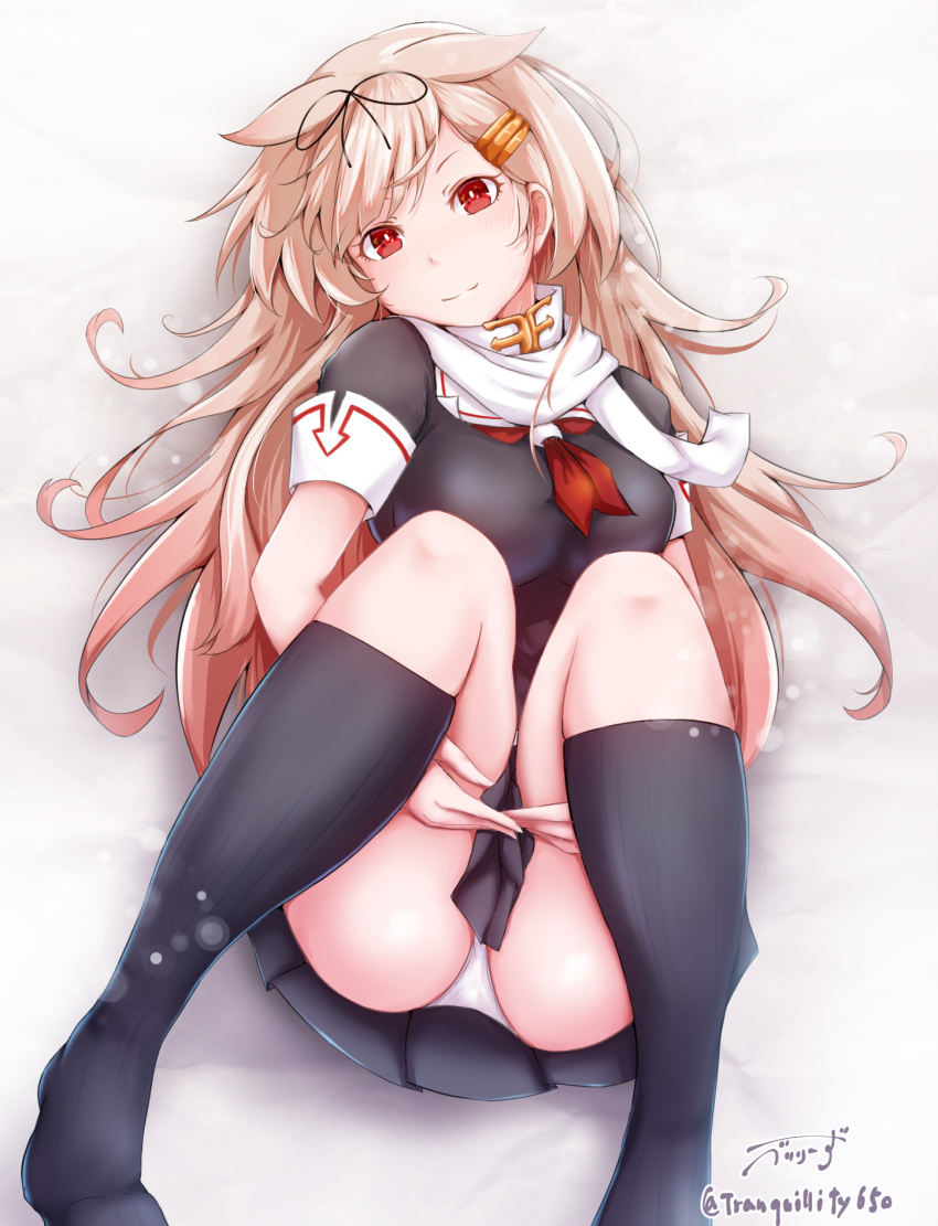 arched_soles baileys_(tranquillity650) bangs black_legwear black_skirt blonde_hair blush breasts commentary_request gloves gradient_hair hair_flaps hair_ornament hair_ribbon hairclip hands_under_legs highres kantai_collection kneehighs knees_together_feet_apart knees_up legs long_hair looking_at_viewer lying medium_breasts messy_hair miniskirt multicolored_hair neckerchief no_shoes panties pleated_skirt red_eyes red_neckwear remodel_(kantai_collection) ribbed_legwear ribbon scarf school_uniform serafuku sidelocks signature skindentation skirt sleeve_cuffs smile solo toe_scrunch twitter_username underwear upskirt white_panties yuudachi_(kantai_collection)